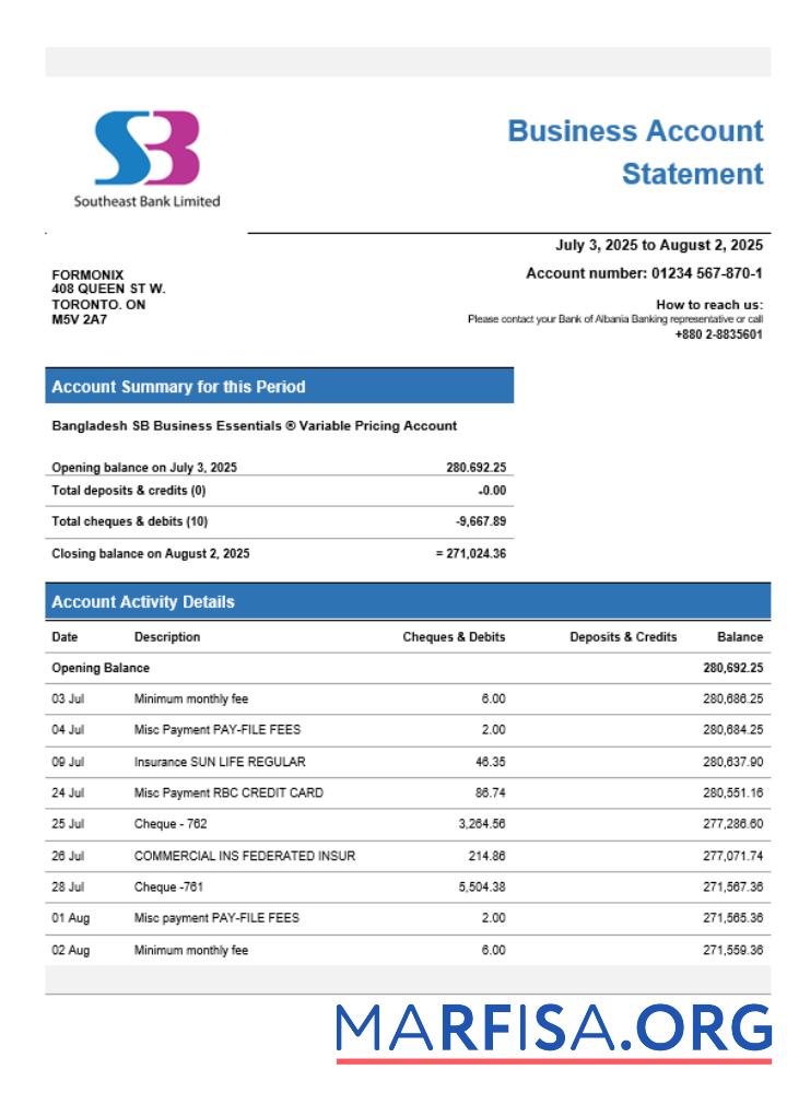 Downloadable SB Bank business account statement Word and PDF template